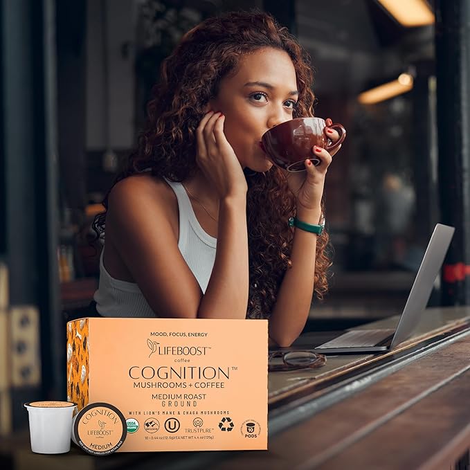 Lifeboost Cognition Mushroom Coffee Pods – Organic Low Acid K-Cups with Lion’s Mane & Chaga Adaptogens – Nootropic Coffee for Energy, Focus & Immune Support – 10 Count