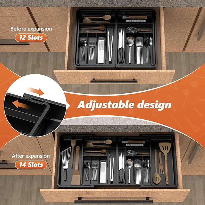 Large Silverware Drawer Organizer,utensil drawer organizer Adjustable Flatware and Cutlery Holder BPA Free Plastic Utensil Tray for Kitchen Spoons Forks Knives Black 21.6 to 38 Inches