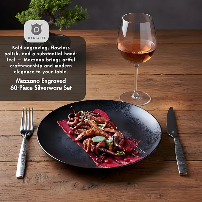 Engraved Silverware Set for 12 | 18/10 Stainless Steel Flatware with Mirror Finish and Engraved Handles | Heavy-Duty, Dishwasher Safe, Built to Last (60-Piece, Mezzano Engraved)