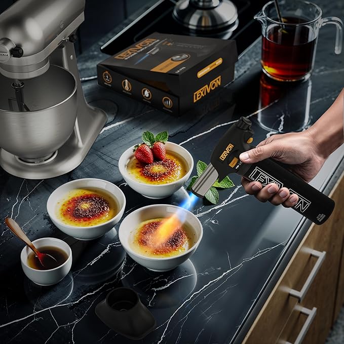 LEXIVON Butane Torch Lighter, Refillable Kitchen Cooking Torch | Self-Igniting with Safety Lock and Adjustable Flame | Pro-Grade Aluminum Tank (LX-775)