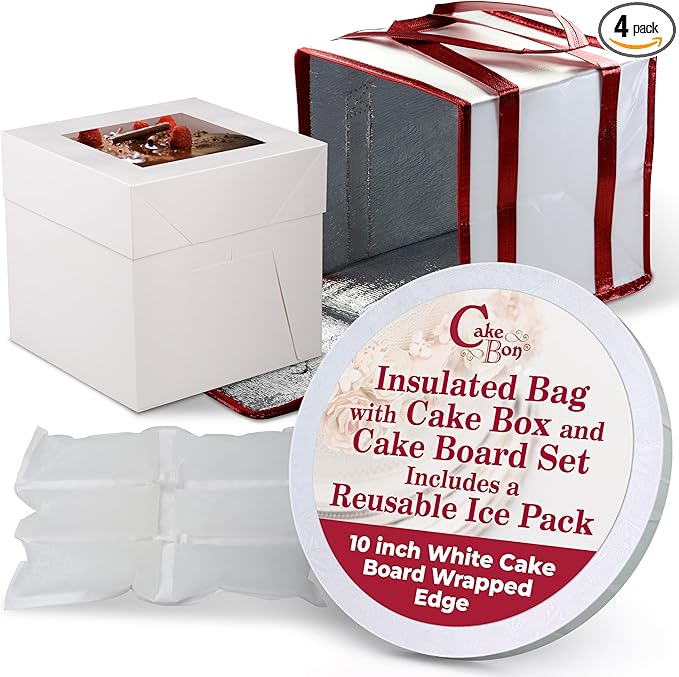 Cakebon Cake Box and Boards, 10-Inch Round White Wrapped Edges 1/2- Inch Thick Drums with Insulated Bag and Ice Pack – Cake Transport Set, Cooler for Cake Delivery and Transport (1pc Each, 4pcs Total)