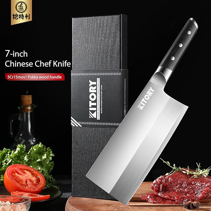 Kitory 7" Lightweight Cleaver, Chinese Chef Knife for Slicing & Chopping (No Bones)- German High Carbon Steel - Ergonomic Pakkawood Handle - Ideal for Women, 2024 Gift (Metadrop Series)