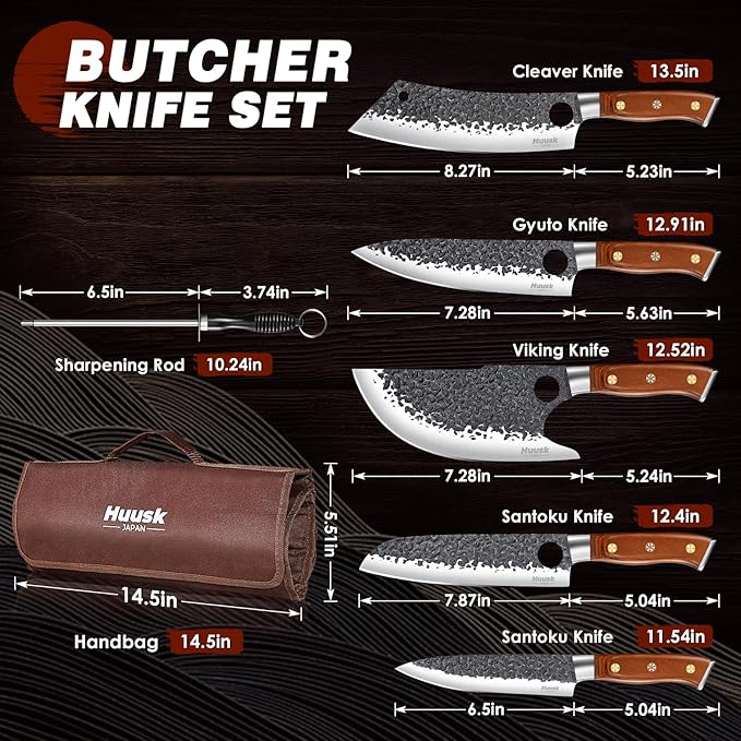 Huusk Butcher Knife Set, 8pcs Viking Chef Knife Set with Roll Bag, High Carbon Steel Forged Viking Knife, Meat Cleaver, Kitchen Knives Sets for Cooking Camping BBQ, Gift for Men Husband