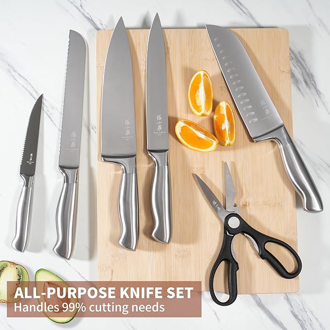 ZHANG XIAO QUAN SINCE 1628 15Pcs Knife Set with Block, 50Cr15MoV High Carbon Stainless Steel Kitchen Knife Set, Sharp and Durable, Hundreds of Years of Masterful(Silver)