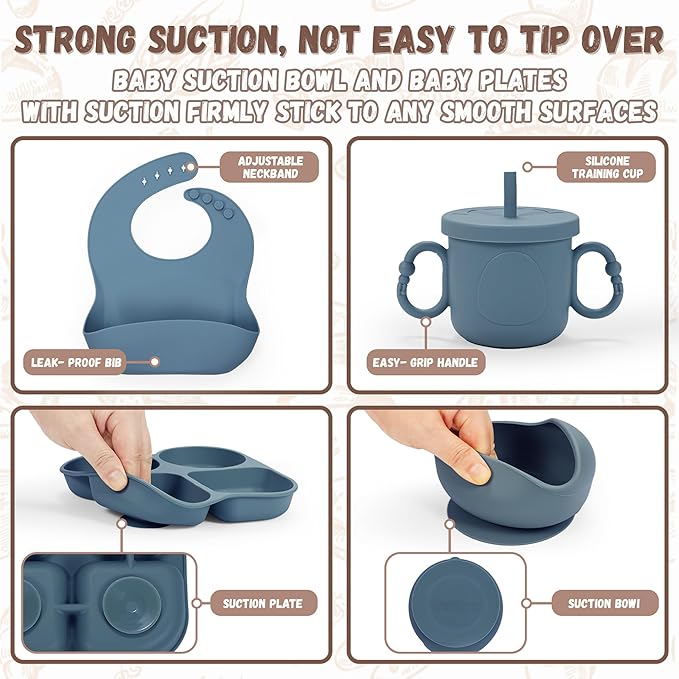 Silicone Feeding Set, Led Weaning Supplies, Food Tableware Suction Plate, Bowl, Spoons, Fork, Waterproof Bib, Cup & Complementary Food Cake Mold, Baby Eating Utensils