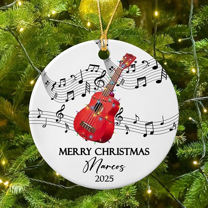 Custom Ukulele Musical Ceramic Xmas Tree Ornament with Name Text Year, Personalized Ukulele Instrument Ornaments Gift for Women Men Friends Husband Wife, Ukulelist Ukuleles Ceramic Christmas Ornament