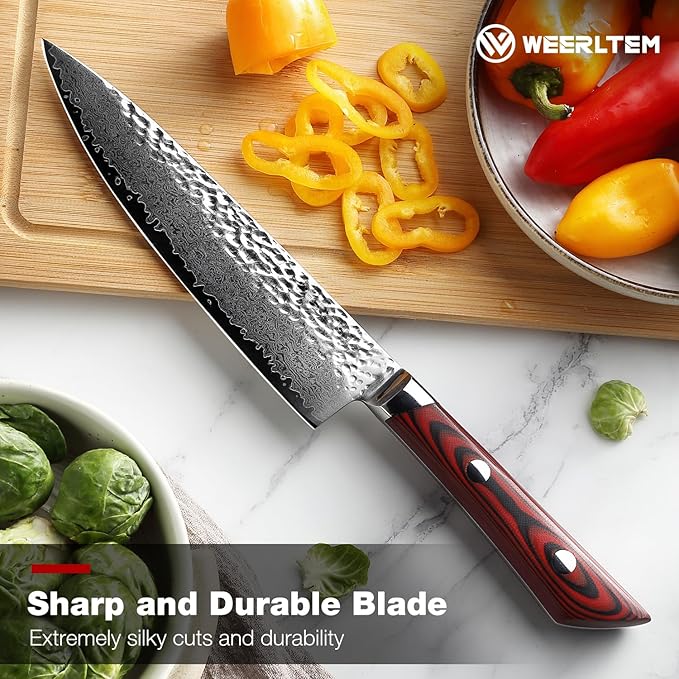 Damascus Sharp Knife(Red), 8 Inch Professional 67-Layer VG10 Damascus Kitchen knives, Hand Hammered Ultra Sharp Japanese Kitchen knife with Red G10 Handle & Gift Box