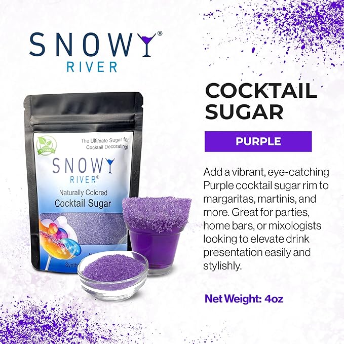 Snowy River Purple, Cocktail & Margarita Sugar Rimmer - Vibrant Naturally Colored Sugar for Cocktail Rimming, Baking & Decorating, Medium Crystal - 4oz