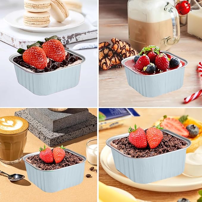 50 Pcs Mini Square Baking Cups with Lids,5oz Aluminum Foil Mini Cake Pans with Lids,Disposable Ramekins Cake Pans,150ml Dessert Cups Cupcake Pans for Wedding Birthday Party,White