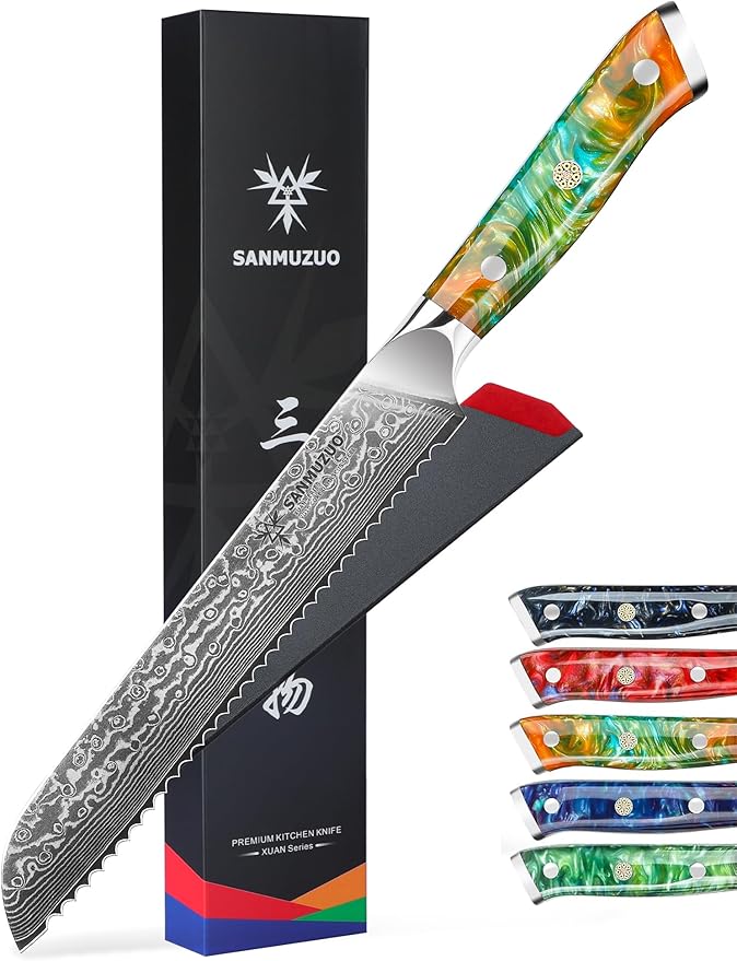 8” Bread Knife Serrated Kitchen Chef Knife - Damascus Steel & Resin Handle - Xuan Series(Fantasy Orange)