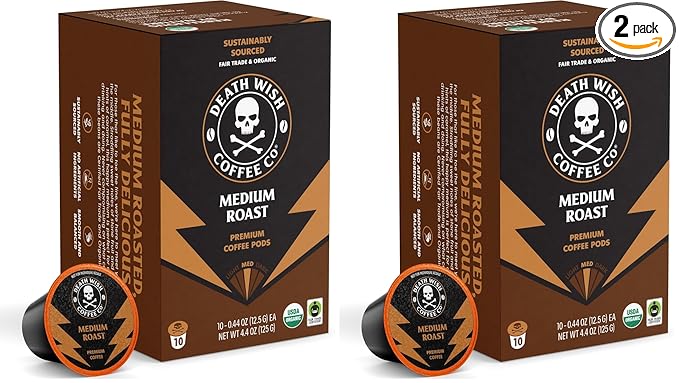 Death Wish Coffee - Single Serve Pods - Medium Roast - Made with USDA Certified Organic - 10 Count (Pack of 2)