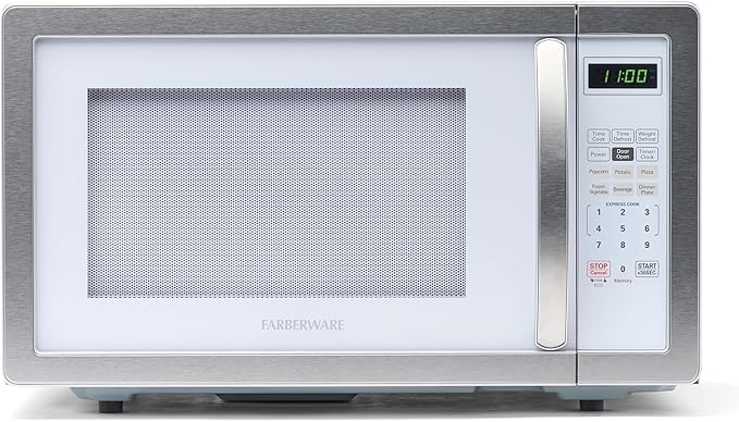 Farberware Countertop Microwave Oven 1000 Watt Power Auto Cook Settings, Defrost, Easy Clean and Child Safety Lock, 1.1 Cu. Ft, White Platinum