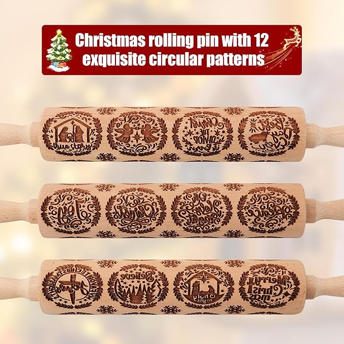 17" Premium Wooden Rolling Pins for Baking with Nativity Embossed Designs | 3mm Deep Springerle Cookie Molds | Christmas Rolling Pin & Baking Gifts for Women | Includes 3-in-1 Cleaning Brush
