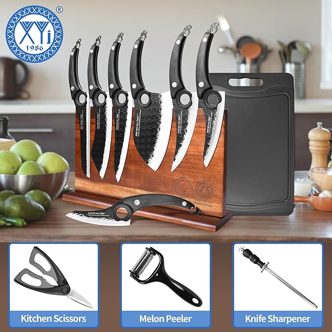 XYJ Authentic Since 1986,Kitchen Knife Block Set,High Carbon Steel Blades,Knives Set with Wooden Magnetic Knife Block,Sharpening Steel,Cutting Board,Cleaver Slicing Knife,Wood Handle