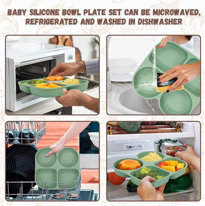 Silicone Baby Feeding Set, Baby Led Weaning Supplies, Baby Food Tableware Silicone Suction Plate, Bowl, Spoons, Fork, Waterproof Bib, Cup & Complementary Food Cake Mold, Baby Eating Utensils
