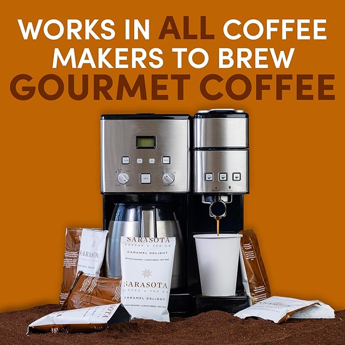 Sarasota Coffee Ground Packets | Gourmet Flavored Medium Roast Grounds Coffee Packs | Salted Caramel | Low Acid Mold Free Individual Single Pot Pouches for 12 Cup Coffee Maker | 2 Ounce Bags, 12 Count