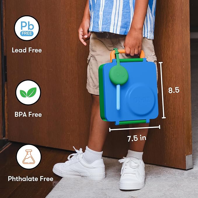 OmieBox Bento Box for Kids - Insulated Bento Lunch Box with Leak Proof Vacuum Insulated Food Jar - 3 Compartments, Two Temperature Zones (Monster Blue)
