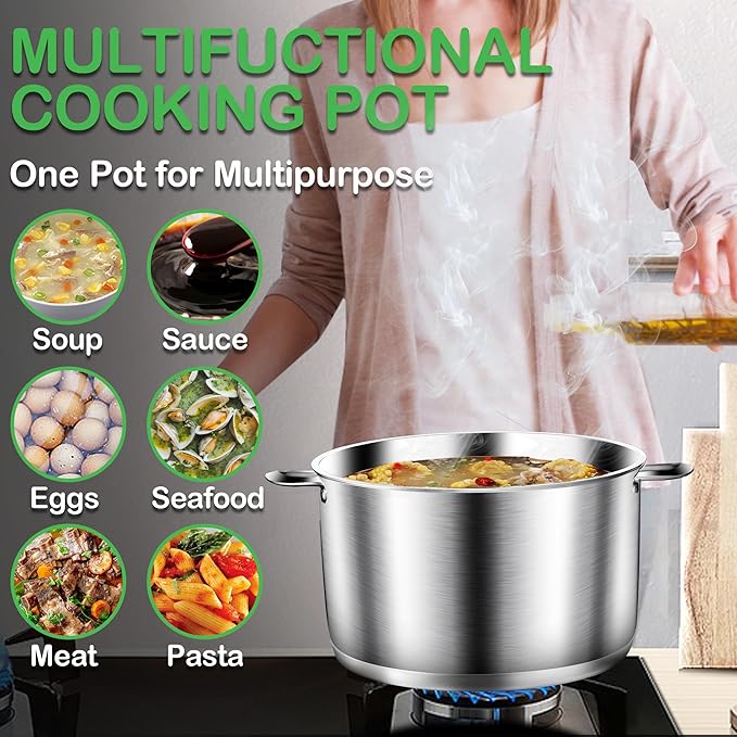 Cooking Pot, Stainless Steel Stock Pot, Soup Pot with Glass Lid, Induction Pots - 6.8 Quart