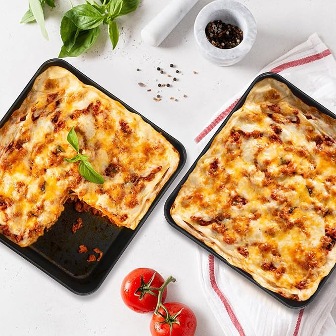 E-far 8 Inch Square Cake Pan Set of 2, Nonstick 8x8 Baking Pan with Stainless Steel Core, Black Metal Bakeware for Brownies Lasagna Cakes, Non-toxic & Easy Clean, 2 Inch Deep