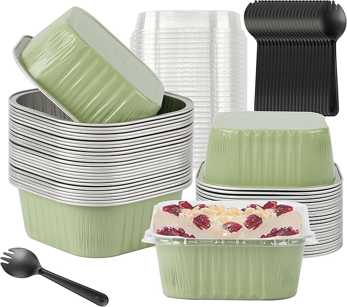 Cupcake Liners With Lids, BAKINGPAK 30PCS 10oz Square Mini Aluminum Pans with Lids Mini Cake Pans with Lids Disposable Aluminum Foil Ramekins with Lids Baking Cups With Lids for St. Patrick's Day,Fern