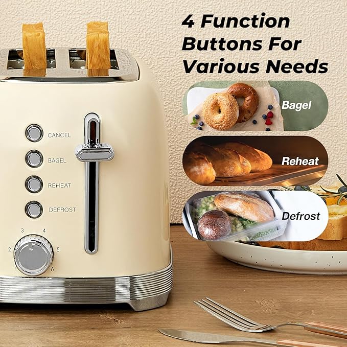 Toaster 2 Slice Retro Stainless Steel with 1.5” Extra Wide Slots Bagel, Defrost, Reheat, Cancel Functions, 6 Bread Shade Settings, Removable Crumb Tray, Cream White