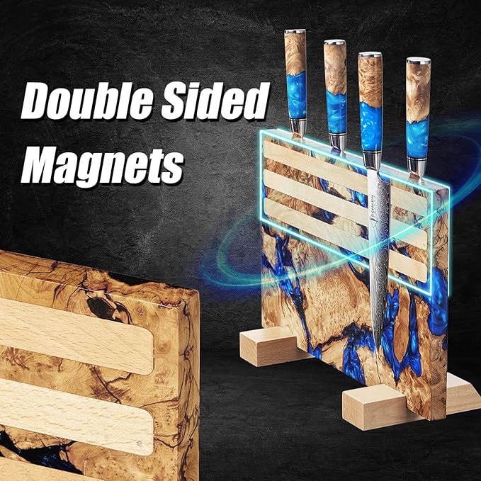 SENKEN "Dark Tsunami" Extra Large Magnetic Knife Block - Holds Up to 16 Knives - Knife Block without Knives, Beautiful Dark Blue Resin & Burl Wood Blend Knife Holder ("Dark Tsunami " Blue Resin Blend)
