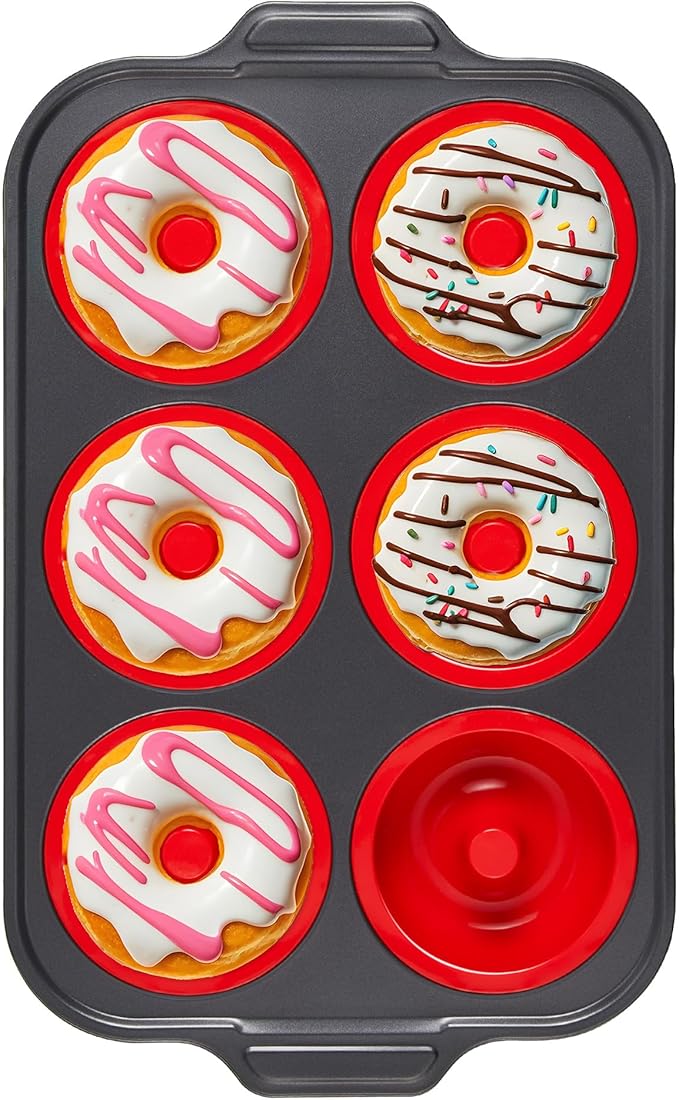 BRONYPRO Silicone Donut Pan for Baking with Metal Frame, 3.35 Inch Large doughnut pan,donut molds for baking Nonstick Non Toxic Bakeware for Oven, Red