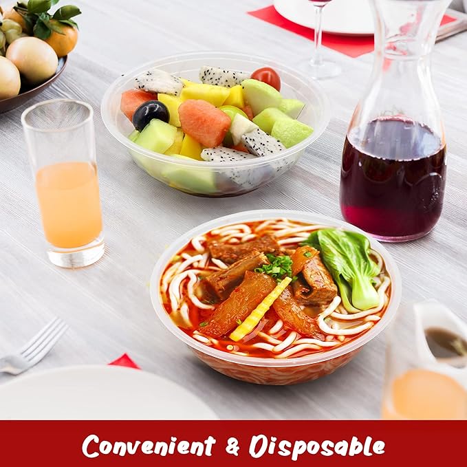 POPMISOLER 150 Pcs Stackable Meal Prep Bowl Containers, Food Takeout Bowls Reusable,Black Disposable Meal Prep Bowls With Lids. (24oz-transparent)