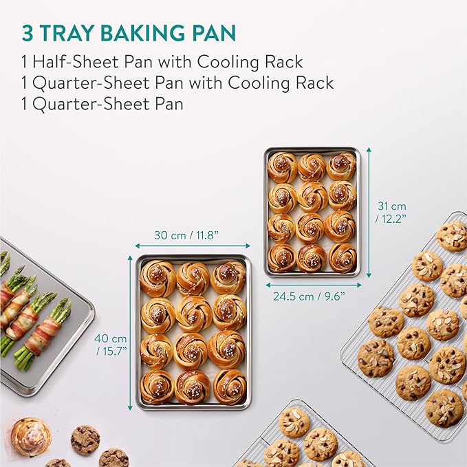 Navaris Baking Sheet Set - 2 Quarter Sheet Pans and Rack 12.2" x 9.6" x 1" (31 x 24.5 x 2.5cm) - 1 Half Sheet Tray and Rack 15.7" x 11.8" x 1" (40 x 30 x 2.5cm)