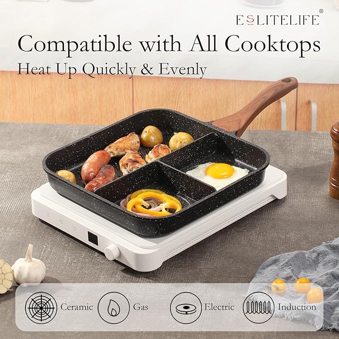 ESLITE LIFE 11 Inch Nonstick Divided Grill Pan for Indoor Cooking, Versatile 3-In-1 Induction Large Breakfast Pan for Stove Tops, PTFE & PFOA Free, Black