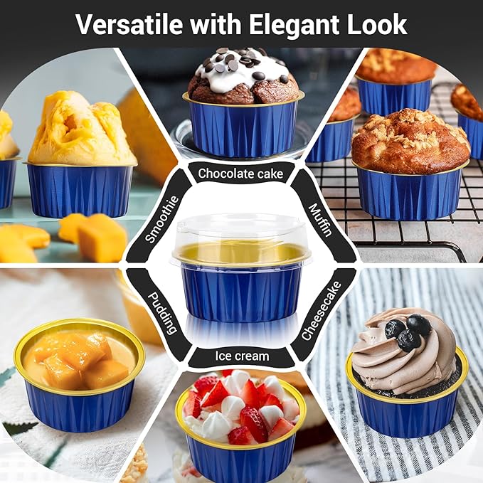 EUSOAR Aluminum Foil Baking Cups with Lids, Royal Blue 100pcs 5oz Creme Brulee Ramekins Disposable, Muffin Liners Cups，Mini Cheesecake Foil Pans Dessert Containers with Lids for Party Favor Birthday