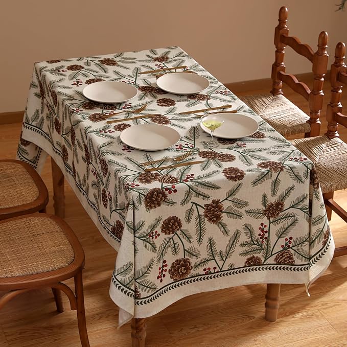 ISAENNE Designer Christmas Beige Linen Rectangular Tablecloth,Pinecones Pattern Indoor Tablecloths,Washable Decor Table Cloth for Dining Thanksgiving Kitchen Christmas,55"*87"-Carol B