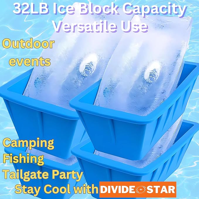 Extra Large Ice Molds 32LB – Set of 4 Silicone Ice Makers for Ice Baths & Cold Plunge, Reusable Giant Ice Cube Blocks, Home & Outdoor Coolers, Freezer Accessories, plus DIVIDE STAR 14-grid Ice Mold