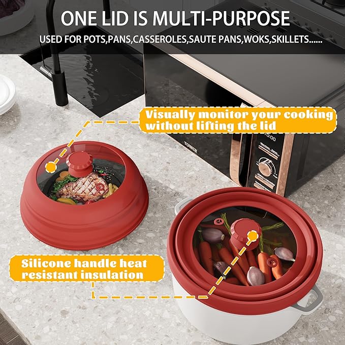 Collapsible Microwave Splatter Cover - Vented Silicone & Glass Lid with Easy-Grip Handle, Fits 6 to 10 Inch Plates & Bowls, 10.8 Inch Diameter, Prevents Splatters & Ensures Even Heating
