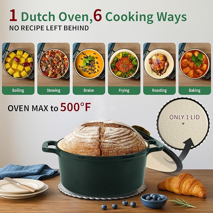 Enamel Cast Iron Dutch Oven with Lid, Round Casserole Pot for Bread Baking, Braising, Roasting, and Stews, Heavy-Duty, Oven Safe, Induction Compatible (4.7QT,Green)