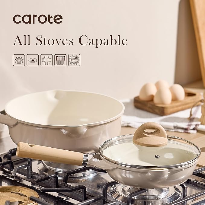 CAROTE 8" Ceramic Frying Pan with Lid, Non Stick Frying Pan Skillet Chef's Pan, Healthy & PFOA/PFAS Free, Induction-Compatible, Taupe
