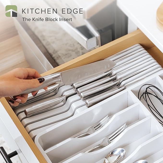 KitchenEdge White Knife Drawer Organizer Insert - Knife Block Holder, Holds 5 Long + 6 Short Knives (Not Included), Fits Most Sizes, Non-Slip Feet, 100% Sustainable Bamboo, Food-Safe White Finish