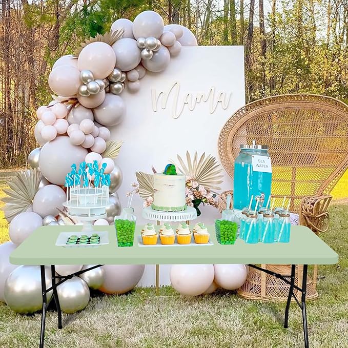 6 Pack Stretch Fabric Table Top Cap Cover, fits 8' Tables, Spandex Table Covers Washable Elastic Rectangle Tablecloth Protector for Indoor Outdoor Party Picnic Wedding, Sage Green, 30" W x 96" L