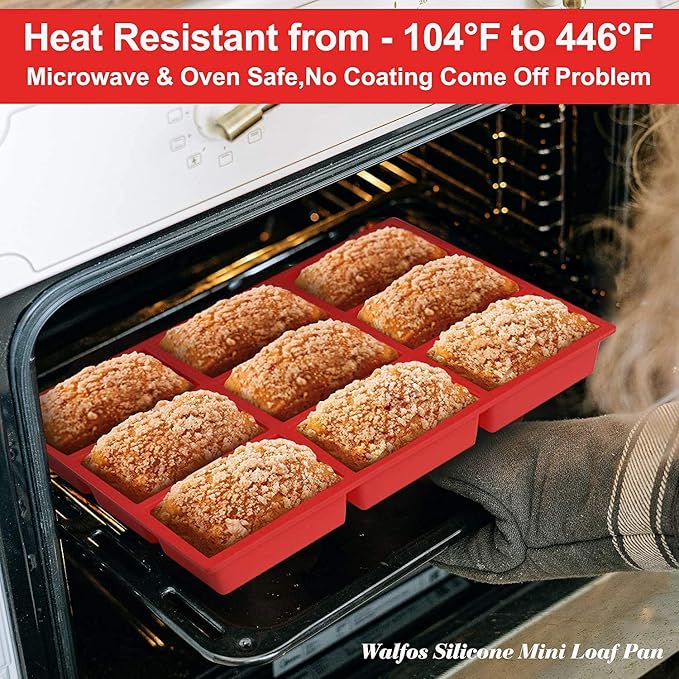 Walfos Silicone Mini Loaf Pans, Non-Stick Mini Bread Pans, 9 Cavities Silicone Bread Baking Mold, Perfect for Mini Loaf, Cake, Bread and Meatloaf, Food Grade & BPA Free, Set of 2