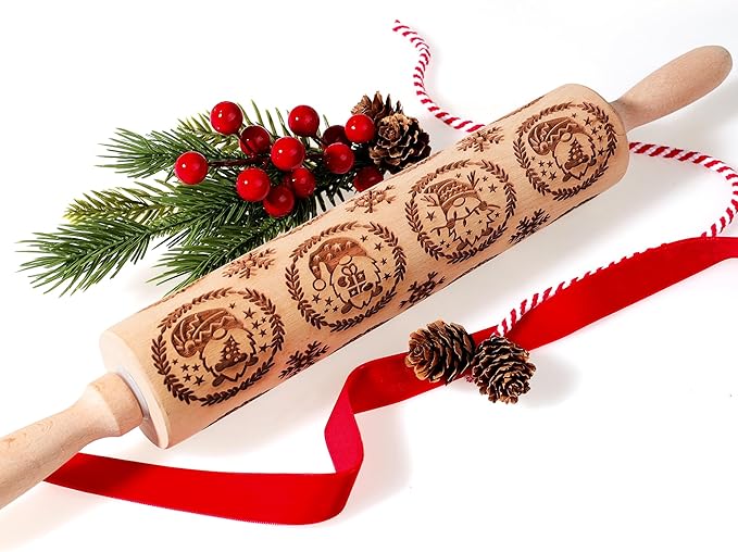 17" Premium Wooden Rolling Pins for Baking with Gnome Embossed Designs | 3mm Deep Springerle Cookie Molds | Christmas Rolling Pin & Baking Gifts for Women | Includes 3-in-1 Cleaning Brush