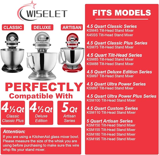 K45WW Stainless Steel Wire Whip for KitchenAid Artisan Series Tilt-Head Mixer 5 Quart Bowl, 6 Wire Whisk Fits for Artisan Mixer, Heavy Duty, Dishwasher Safe, Balloon Whisk