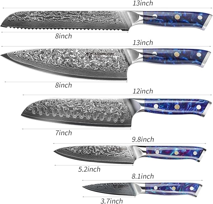 Chef Cooking Knives Set- Kitchen Knife Set of 5 Piece - Ultra-Sharp VG10 Damascus Steel & Resin Handle - Xuan Series (Sapphire Blue)