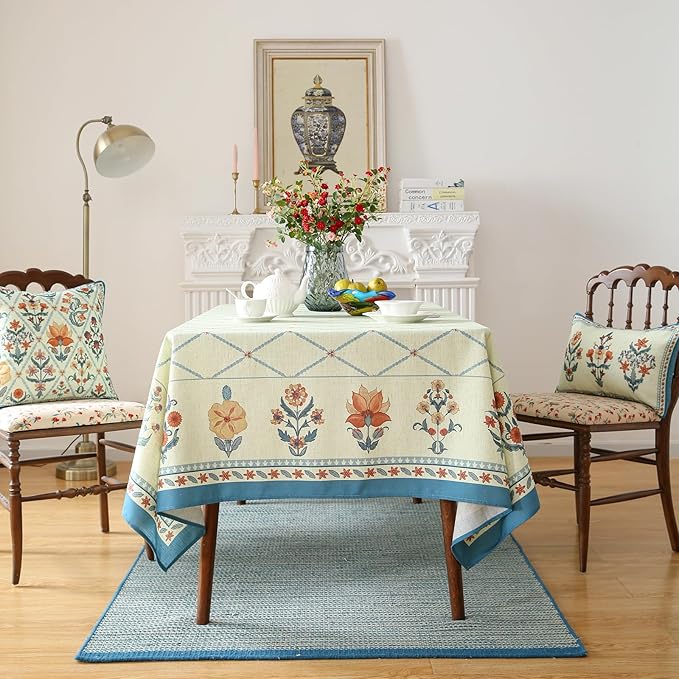 ISAENNE Designer Linen Floral Long Rectangle Tablecloth,Light Green Farmhouse Durable Table Cloth,Washable Decor Tablecloths for Dining Kitchen Thanksgiving Christmas,63"*94"-Floralsea B