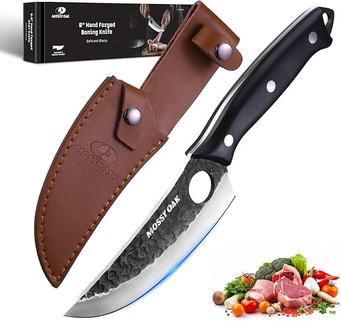 Mossy Oak Chef Knife, Kitchen Knife for Boning, Cutting, and Chopping, Hand Forged Boning Knife Full Tang Handle with Genuine Leather Sheath, Meat Cleaver Knife for Outdoor Cooking, Camping