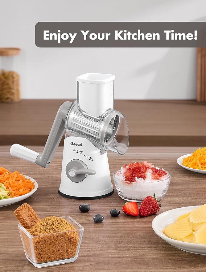 Geedel Rotary Cheese Grater Cheese Shredder with 5 Interchangeable Blades - Upgraded Rotary Grater Featuring Strong Suction Base for Cheese Shredding, Wavy Slicing, Nut Grinding, and Ice Shaving