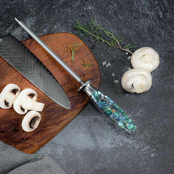SENKEN Professional Emery Knife Sharpening Steel - Incredibly Strong Emery Rod for Sharpening & Honing Knives Up to 63 HRC Including All Damascus Knives ("Umi" Abalone Shell)