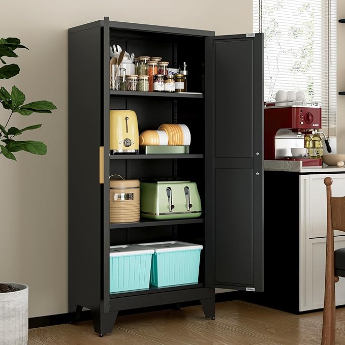 61" Tall Metal Storage Cabinet with 2 Doors and 3 Adjustable Shelves, 4-Tier Kitchen Pantry Storage Cabinet for Kitchen, Living Room, Dining Room and Office, Black