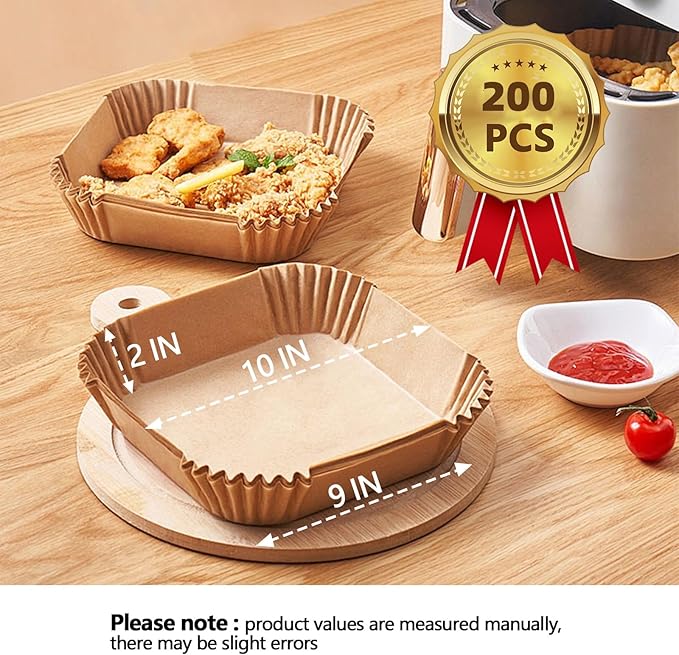 10 Inch Air Fryer Liners Disposable, 200Pcs Air Fryer Paper Liners, Oil-Proof & High-Temperature Resistant Parchment Baking Paper for Air Fryer, Microwave and Oven（Bottom Is 9 Inch）