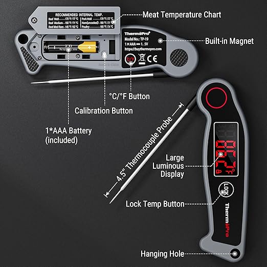 ThermoPro TP19 Waterproof Digital Meat Thermometer for Grilling with Ambidextrous Backlit & Thermocouple Instant Read Kitchen Cooking Food Thermometer for Candy Water Oil BBQ Grill Smoker