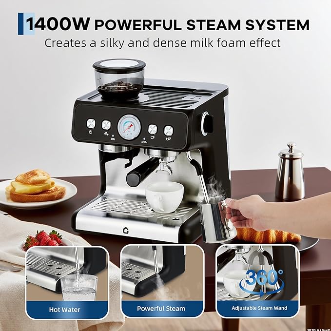 Garvee 20 Bar Pressure Stainless Steel Espresso Machine with Grinder, 2.8L Removable Water Tank, Milk Frother Steam Wand for Latte/Cappuccino - Adjustable Shot Volume, Professional Home/Office Use